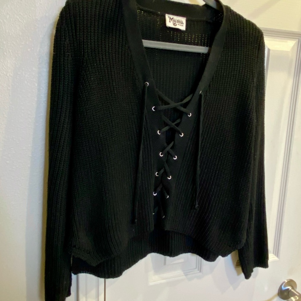 Show Me Your Mumu Black Lace Up Knit Sweater Medium